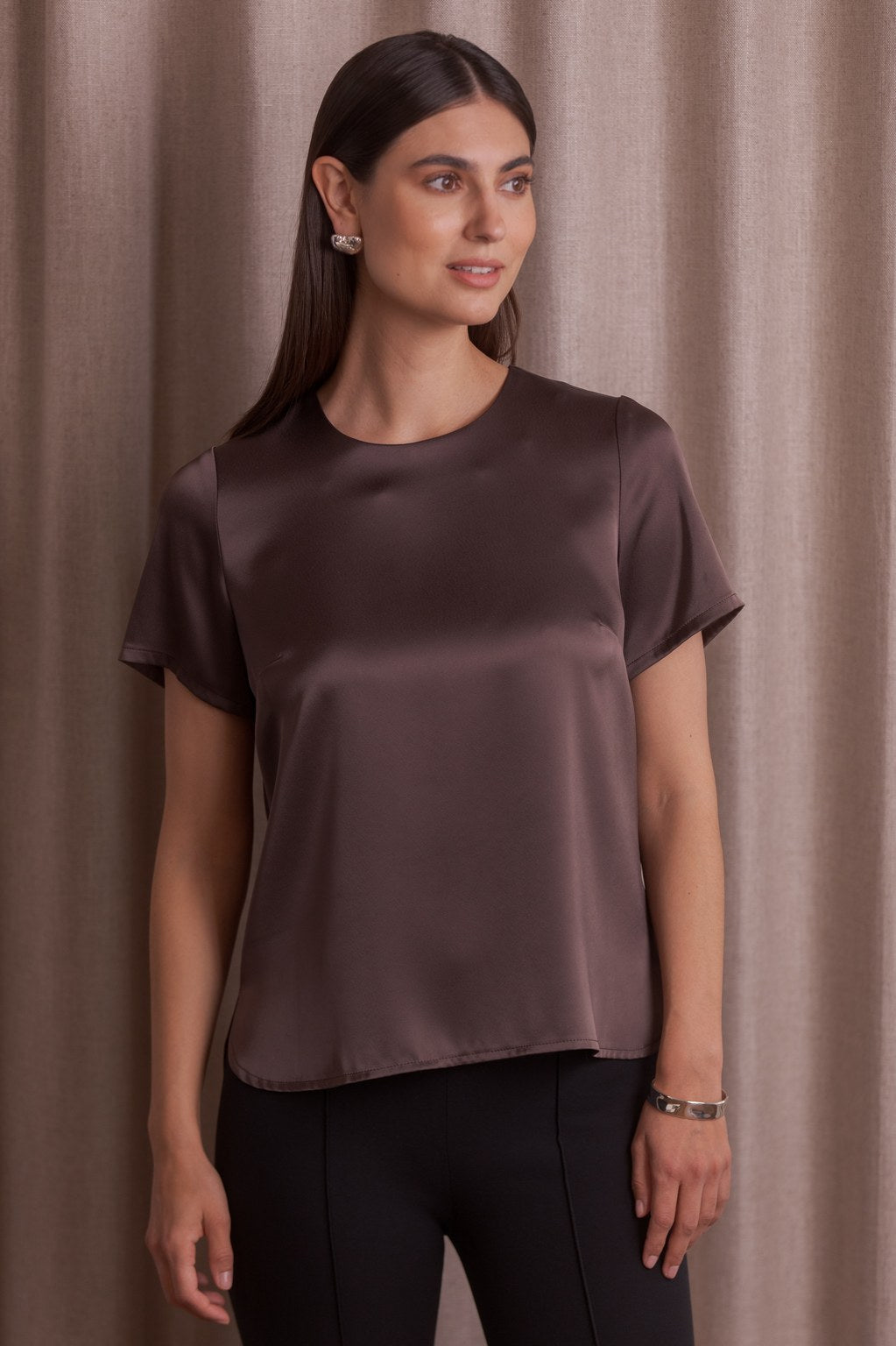 Short-sleeved satin shirt, Dark chocolate
