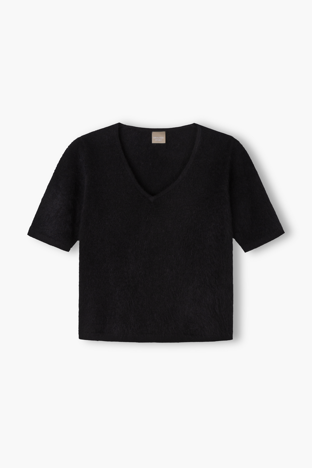 Lyhythihainen harjattu kashmirneule V-kaula-aukolla, Black