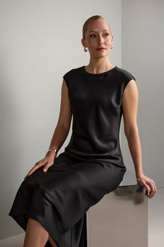 A black satin dress made of triacetate.